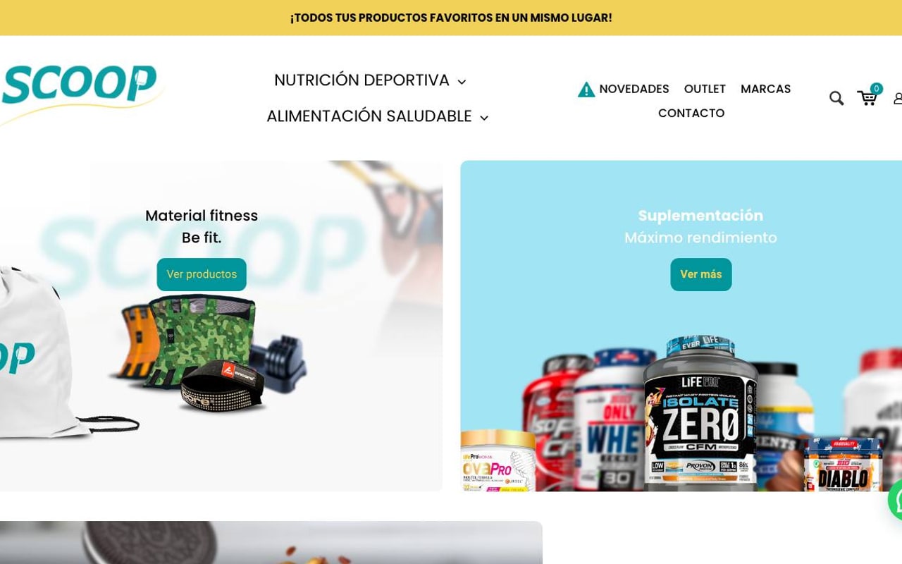 Captura de pantalla de la home de ScoopNutriFITion