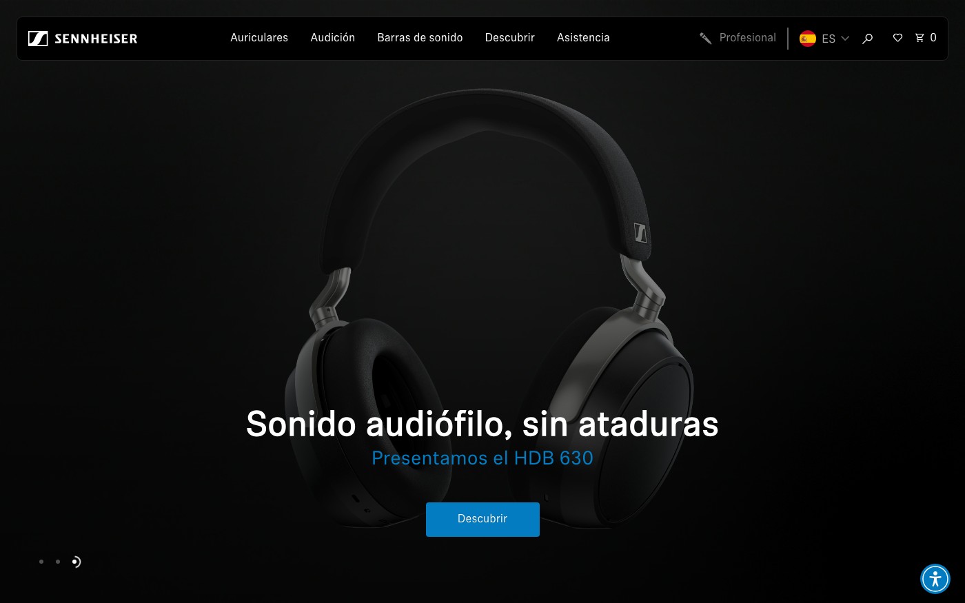 Captura de pantalla de la home de Sennheiser