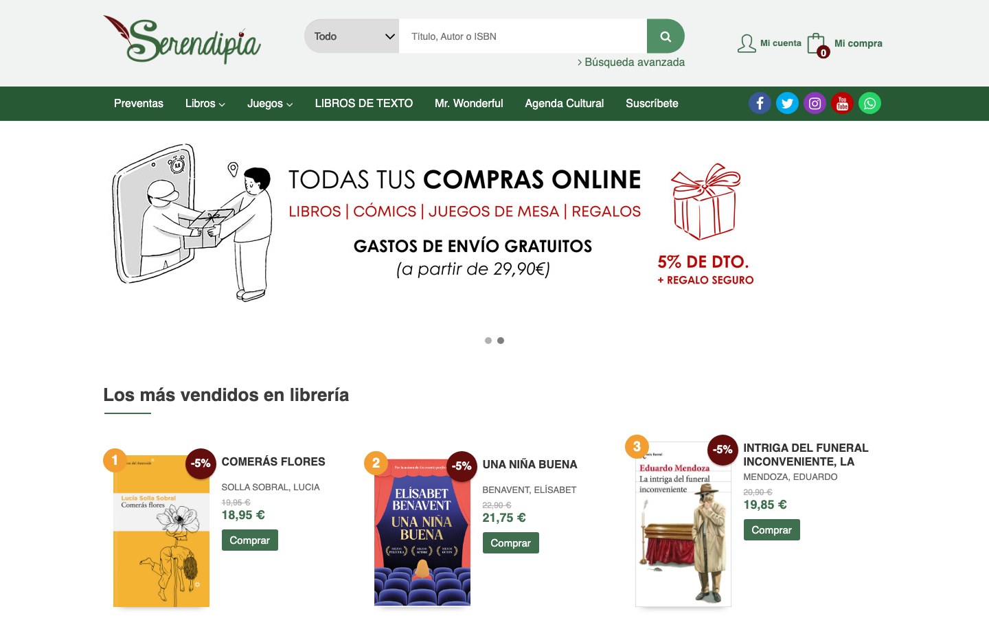 Captura limpia de la home oficial de Librería Serendipia
