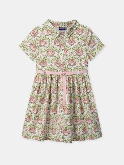 Vestido tipo camisa con estampado floral en verde y rosa y cinturón ajustable Niña