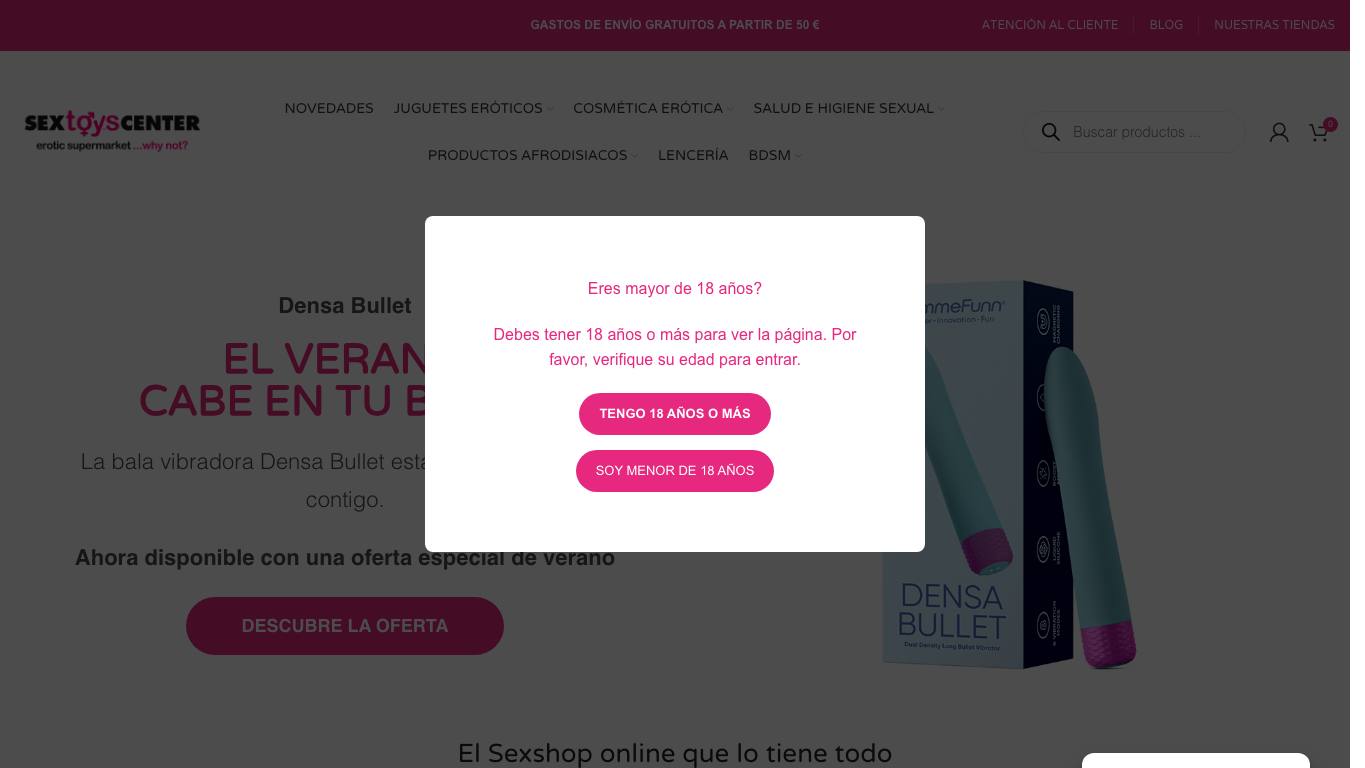 Captura de pantalla de la home de Sex Toys Center