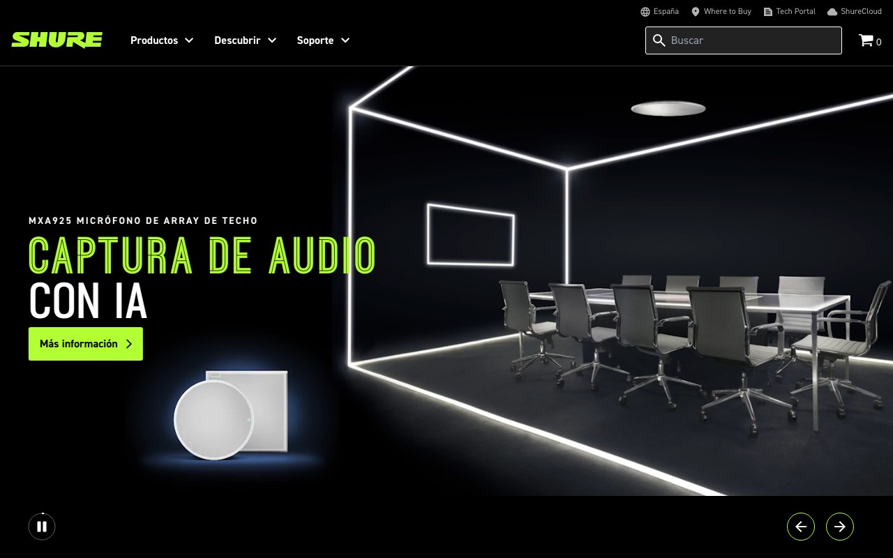 Captura de pantalla de la home de Shure España