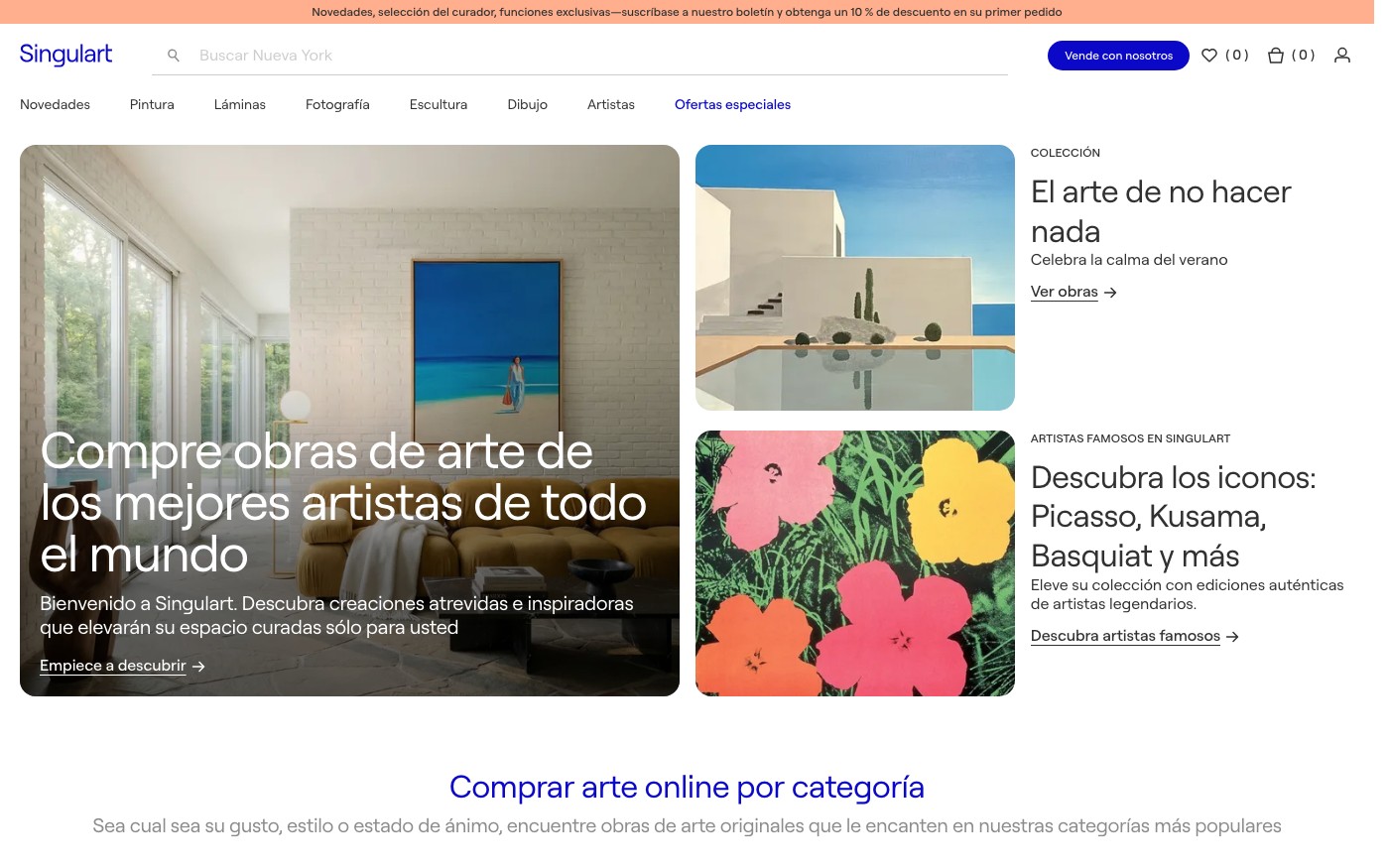 Captura de pantalla de la home de SINGULART