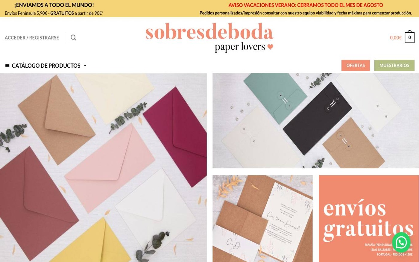 Captura de pantalla de la home de Sobres de Boda