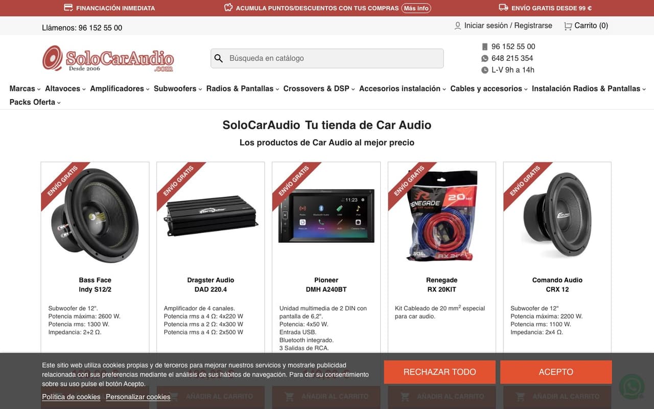 Captura de pantalla de la home de SoloCarAudio