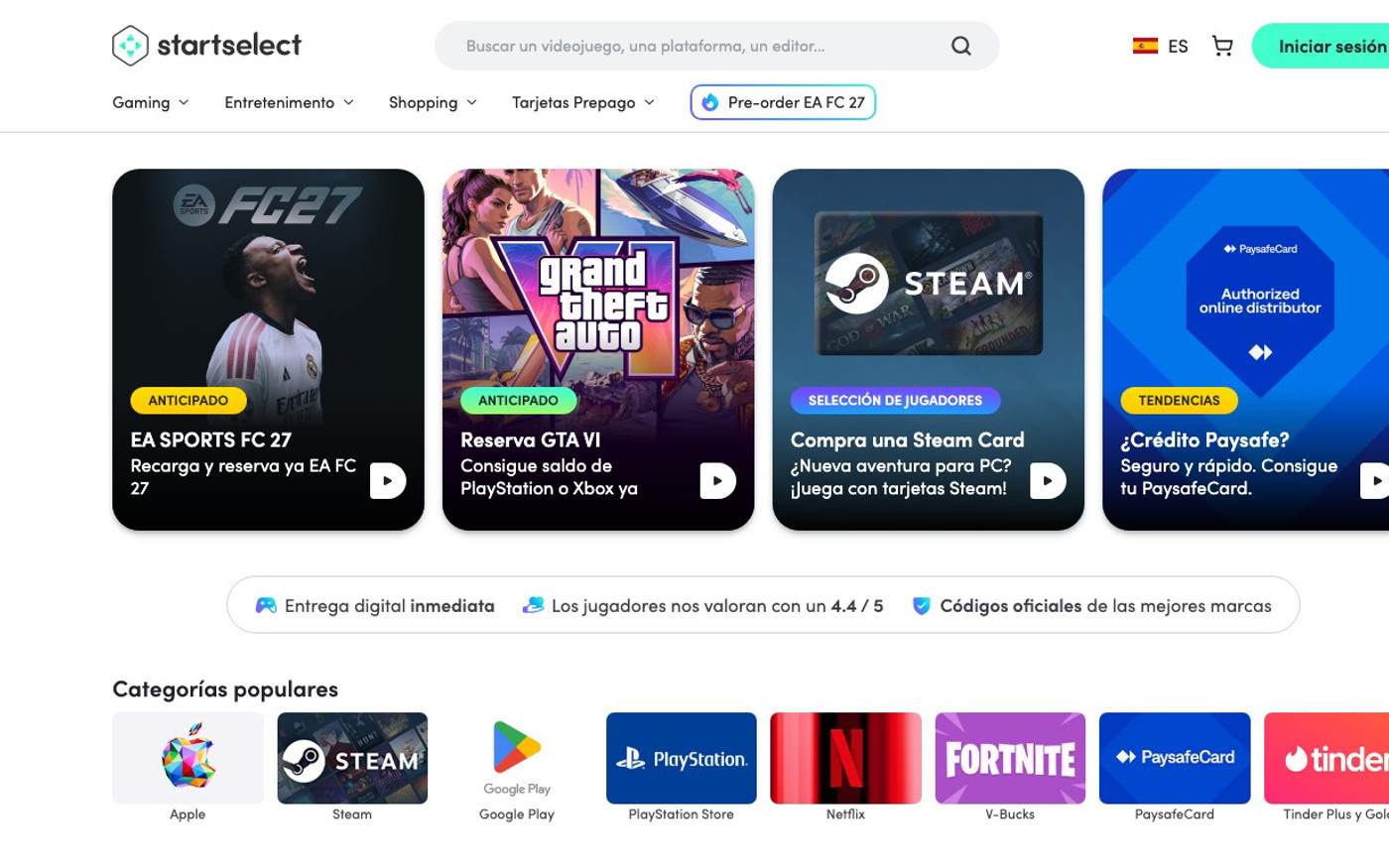 Captura limpia de la home oficial de Startselect