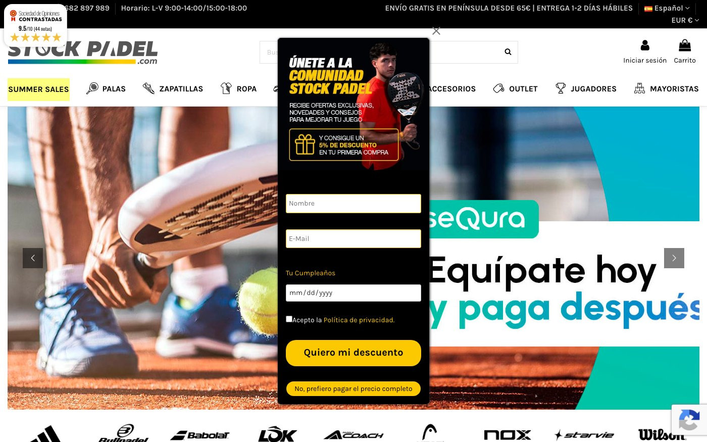 Captura de pantalla de la home de Stock Padel