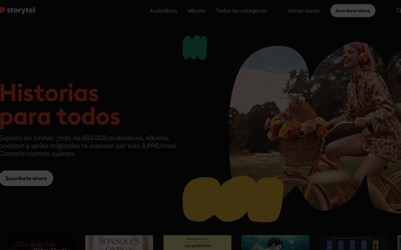 Captura de pantalla de la home de Storytel