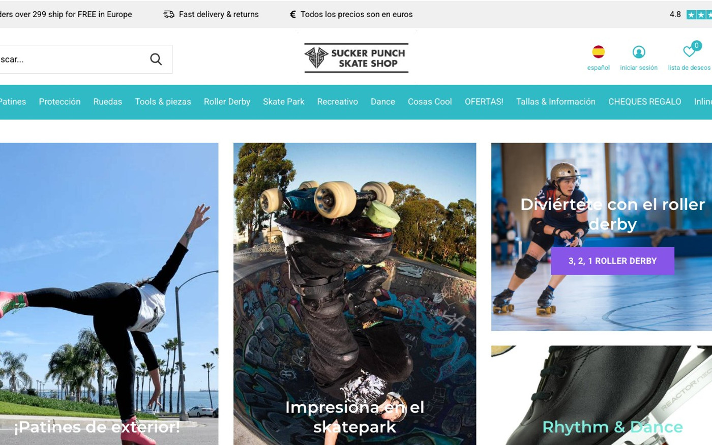 Captura de pantalla de la home de Sucker Punch Skate Shop