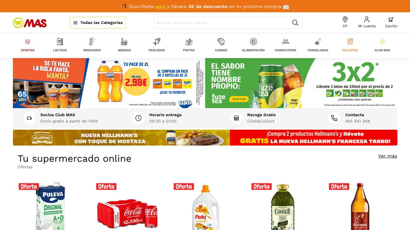 Captura de pantalla de la home de Supermercados MAS