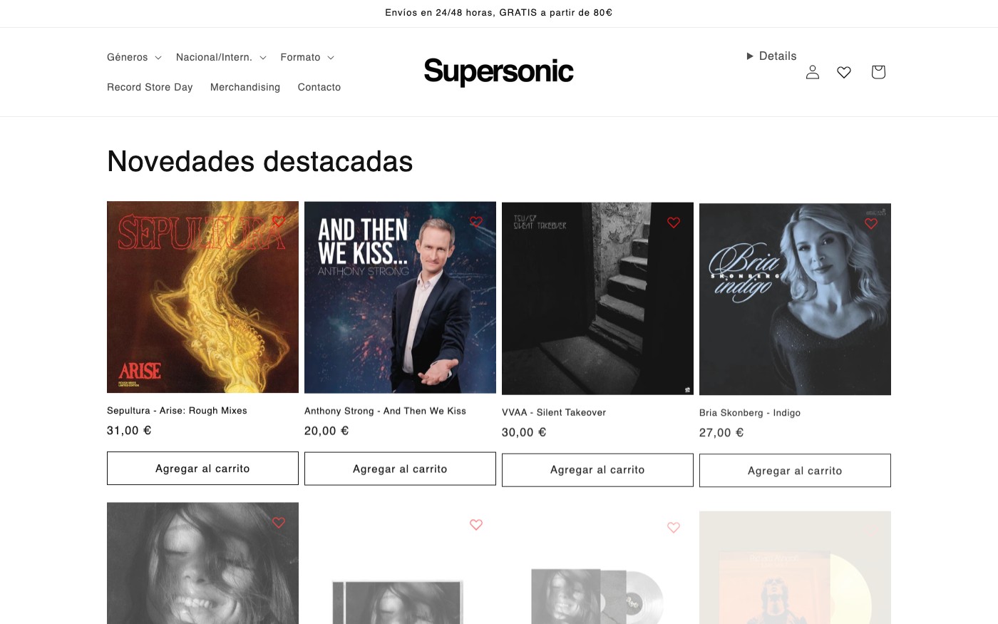 Captura de pantalla de la home de Supersonic Discos