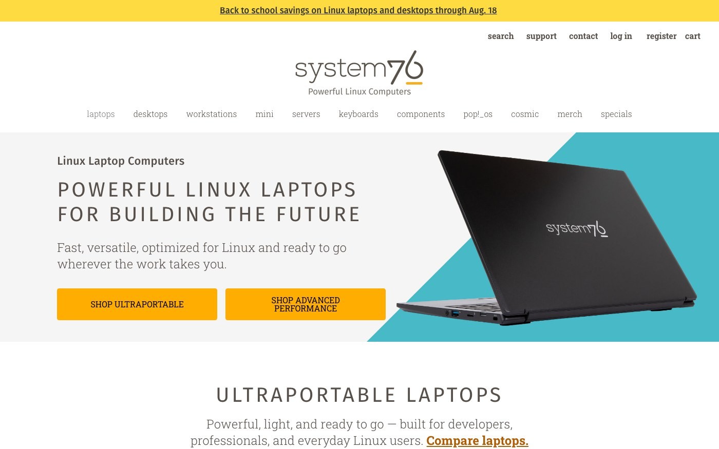 Captura de pantalla de la home de System76