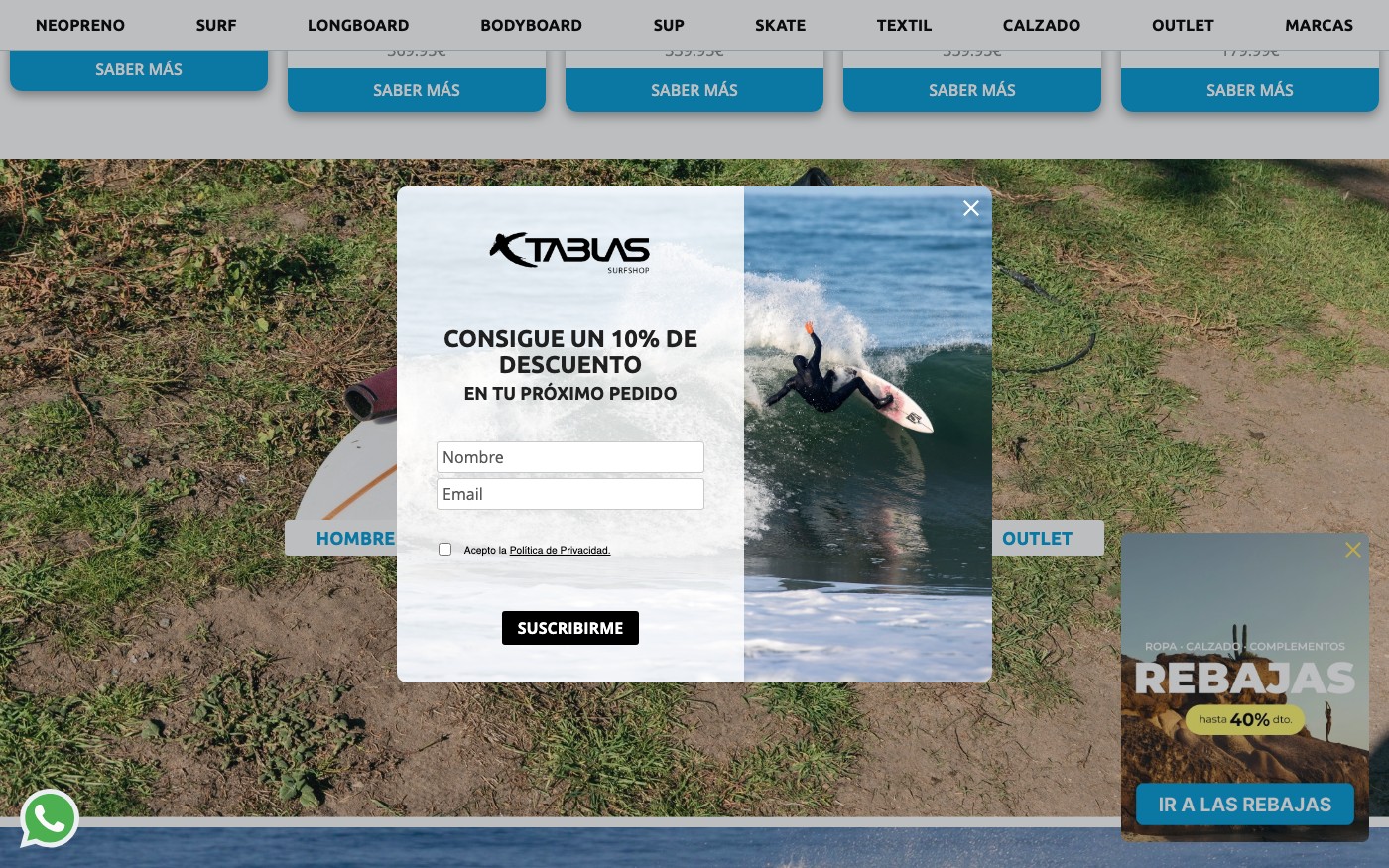 Captura limpia de la home oficial de Tablas Surf Shop