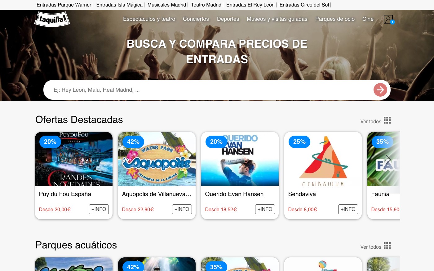 Captura de pantalla de la home de Taquilla.com