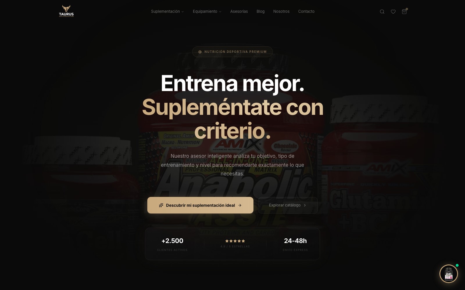 Vista superior limpia de la web oficial de Taurus Nutrición
