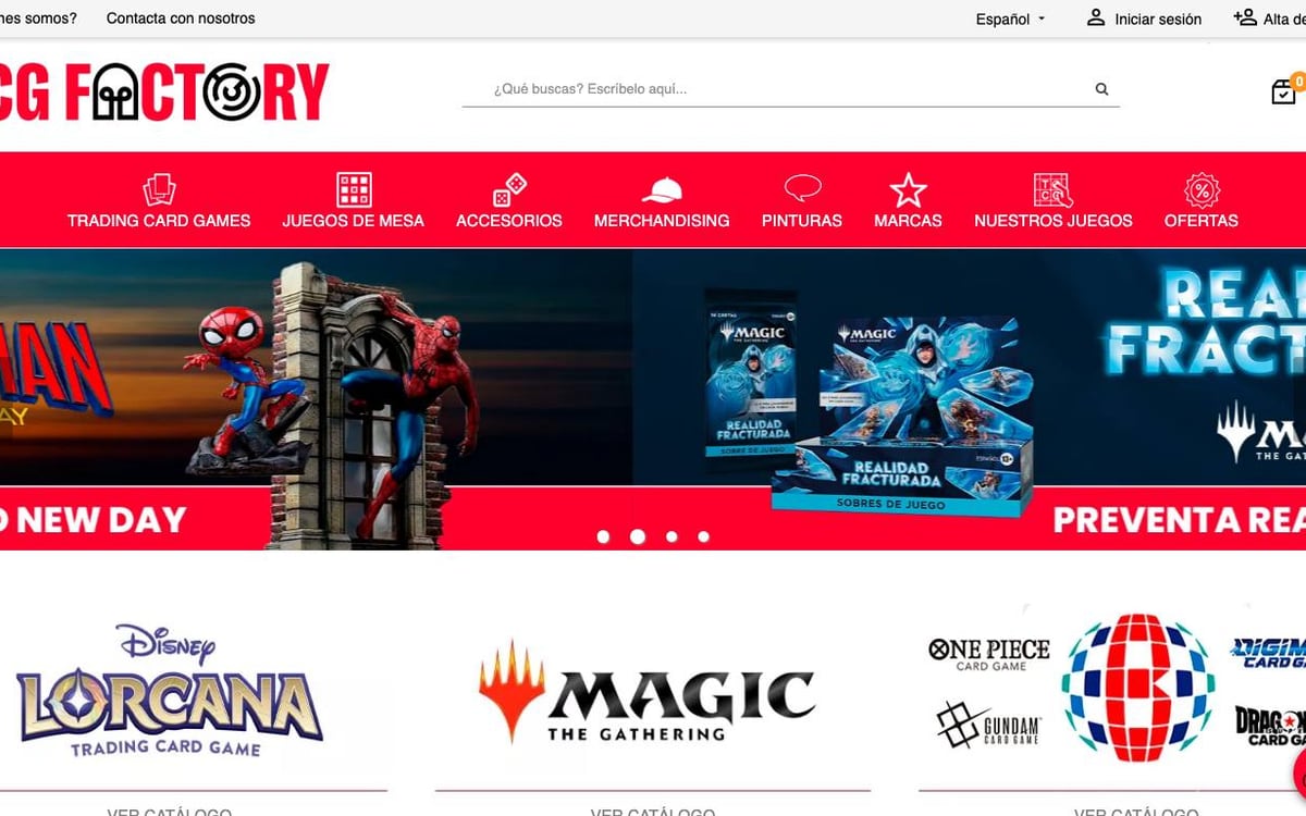 Captura de pantalla de la home de TCG Factory