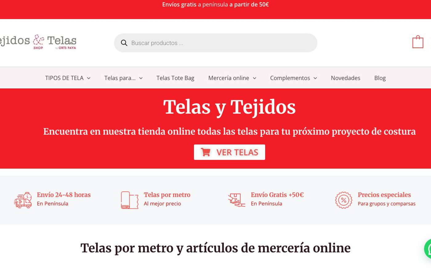 Captura de la portada de Tejidos y Telas, tienda online de costura.