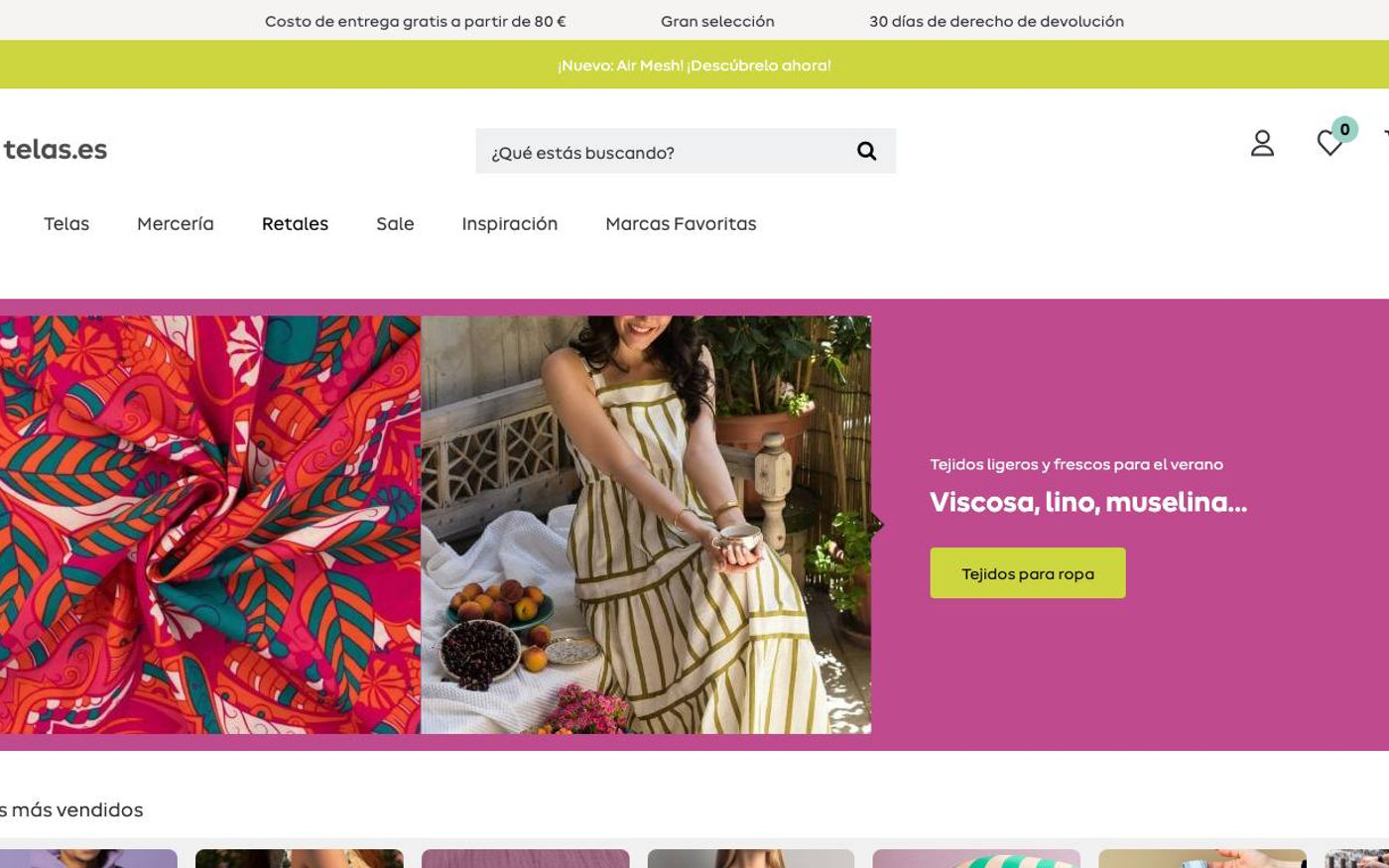 Captura de la portada de Telas.es, tienda online de costura.