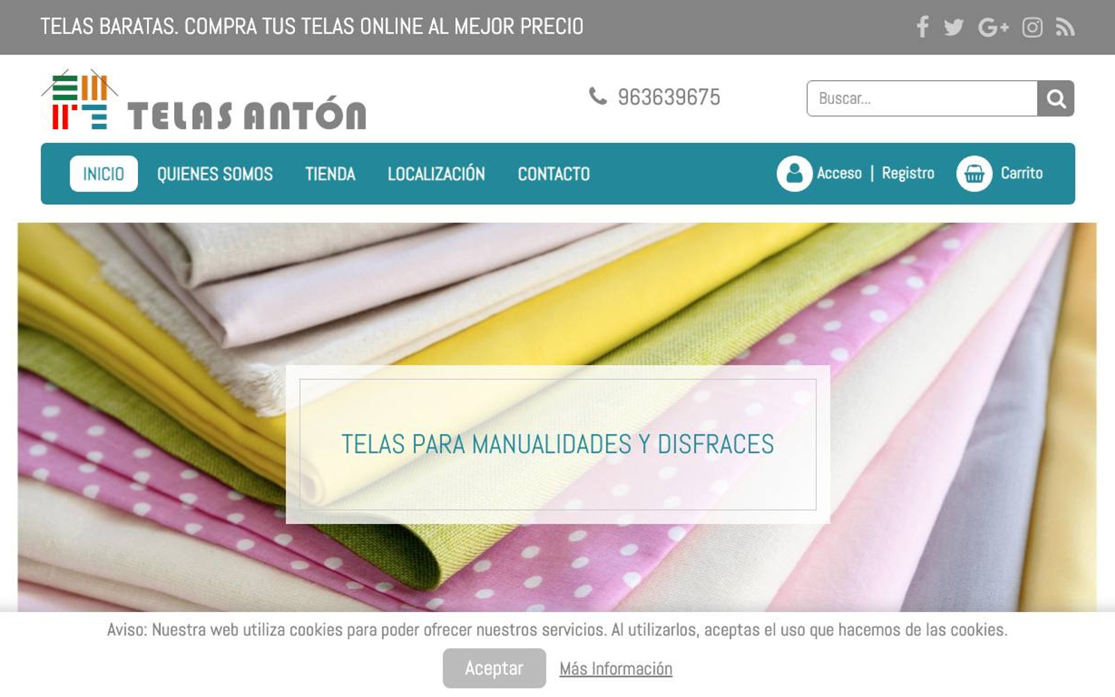 Captura limpia de la página de inicio de Telas Online Antón
