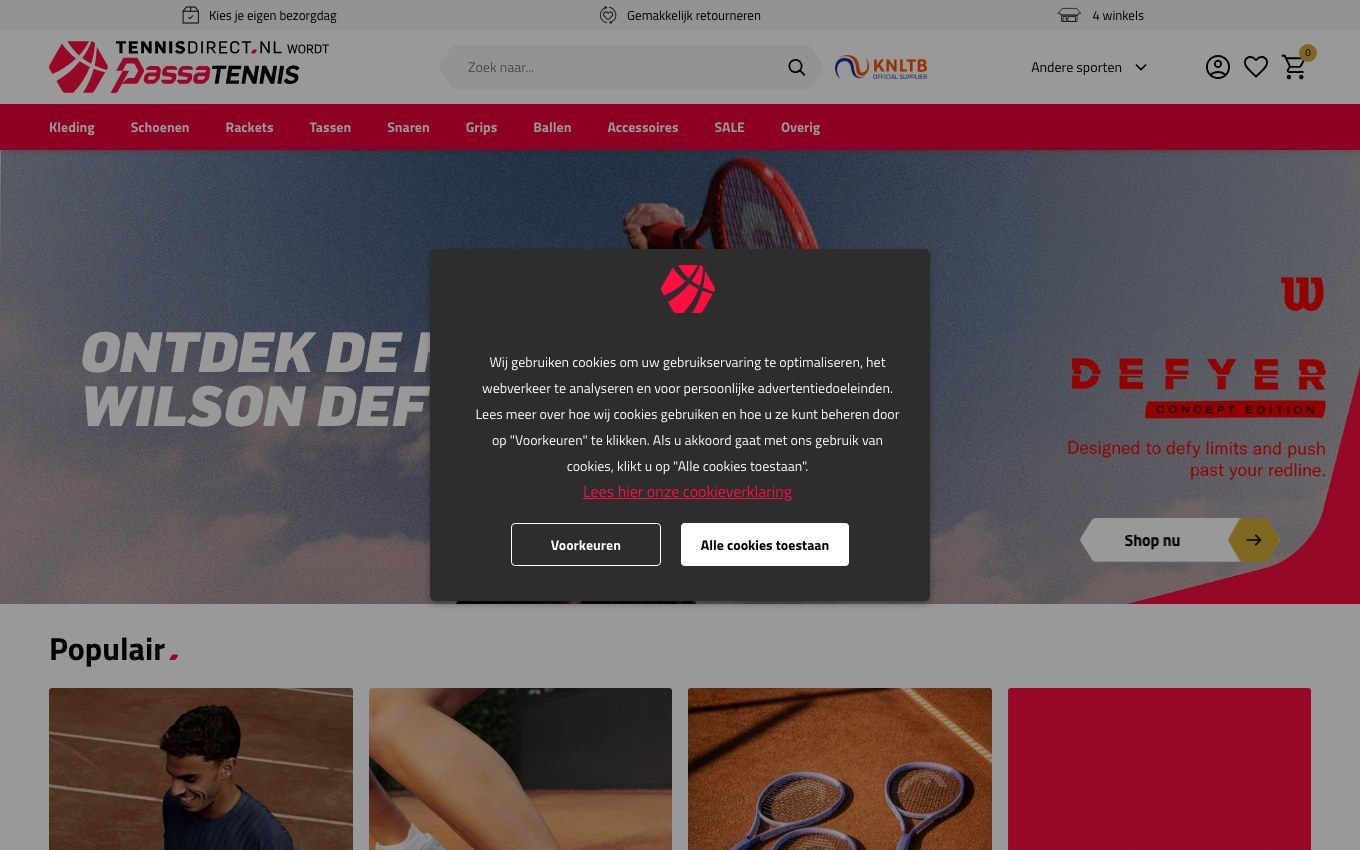 Captura de pantalla de la home de TennisDirect
