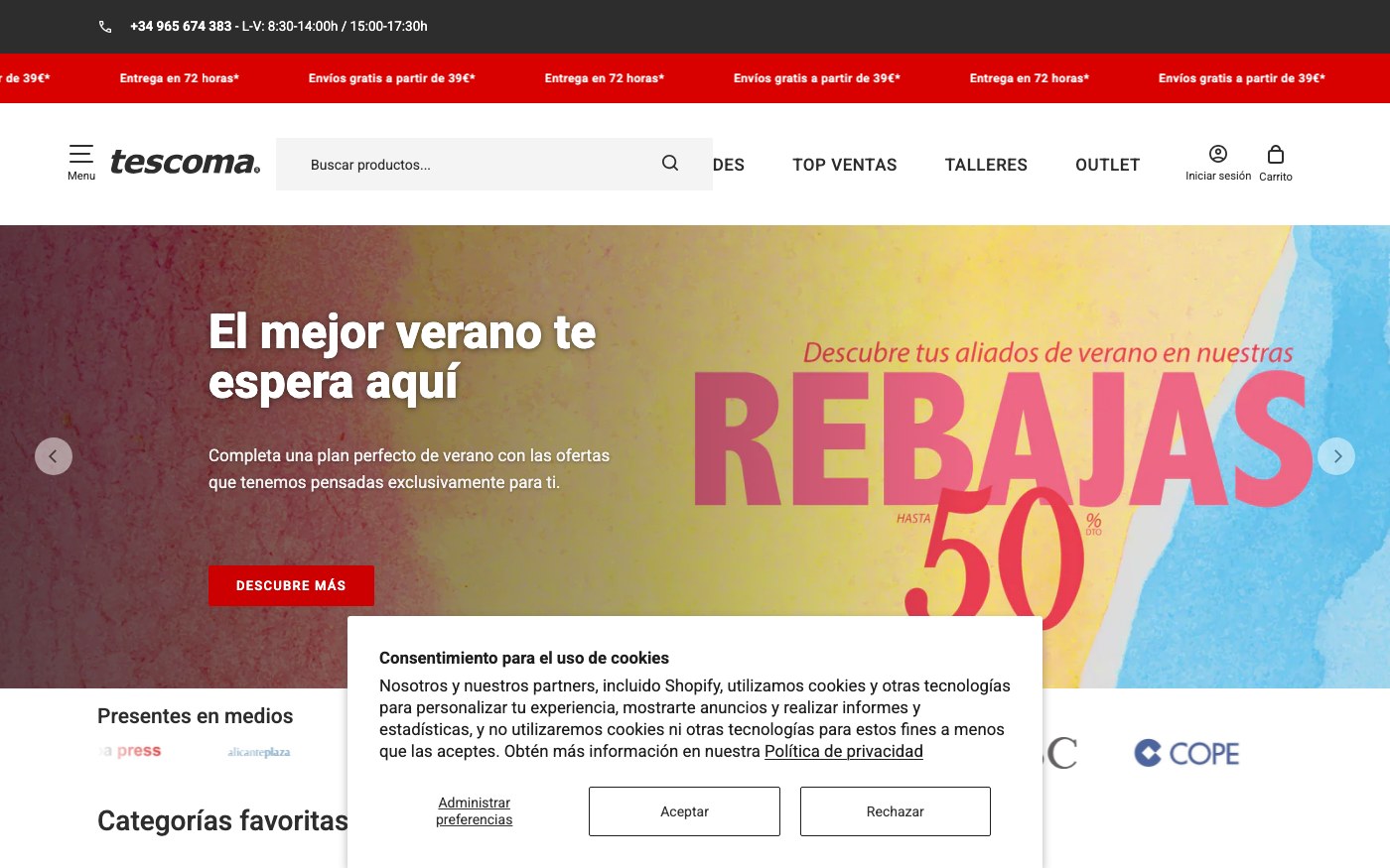 Captura de pantalla de la home de Tescoma