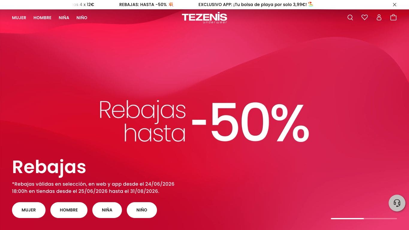 Captura real de la home de Tezenis