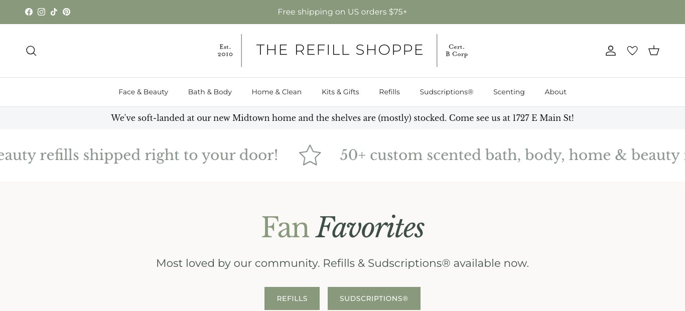 Captura de pantalla de la home de The Refill Shoppe