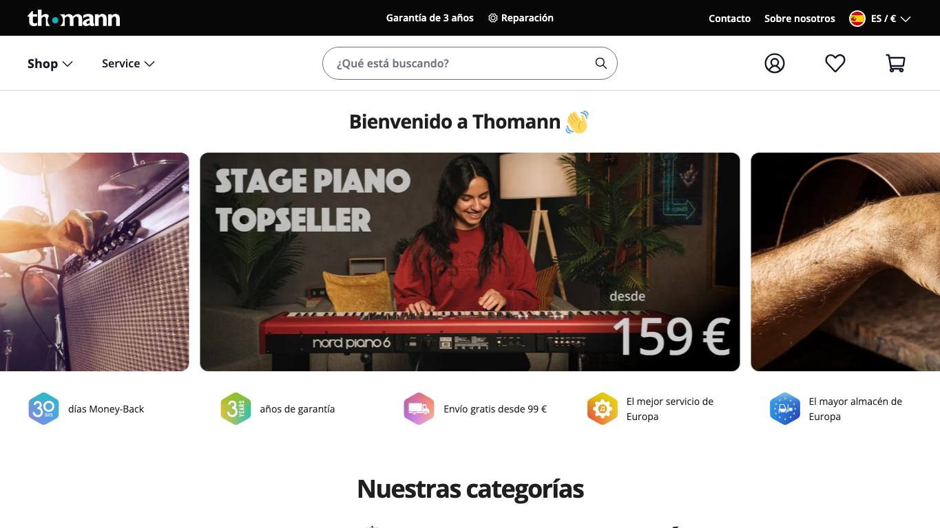 Captura de pantalla de la home de Thomann