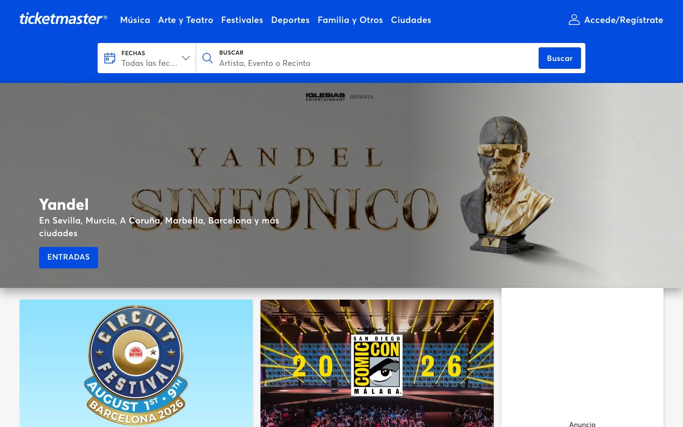 Captura limpia de la home oficial de Ticketmaster