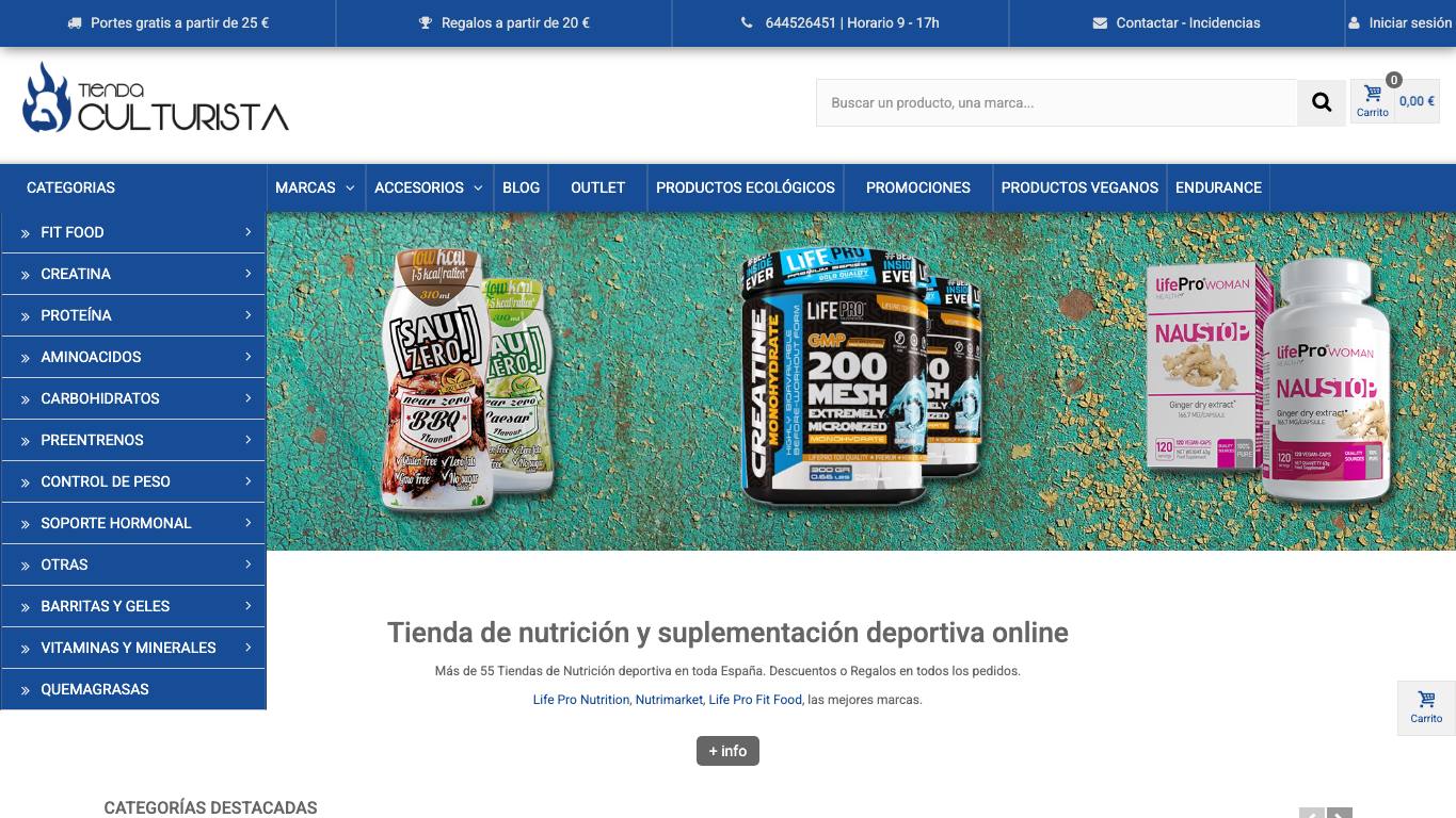 Captura de pantalla de la home de Tienda Culturista