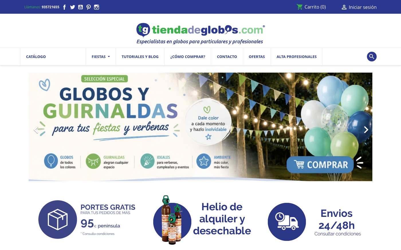 Captura de pantalla de la home de Tienda de Globos