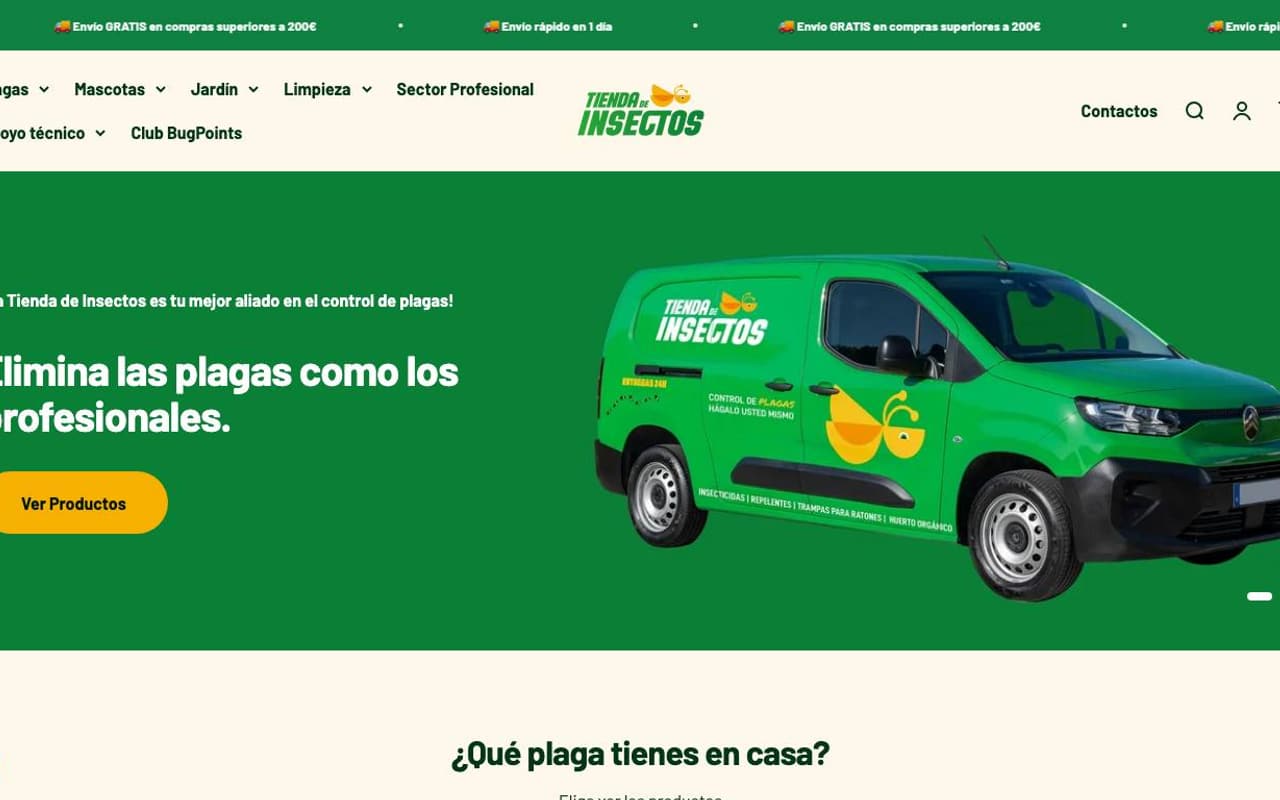 Captura de pantalla de la home de Tienda de Insectos