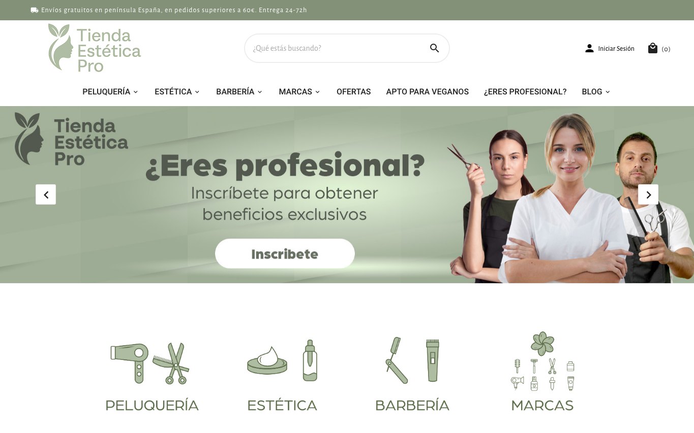 Captura de pantalla de la home de Tienda Estética Pro