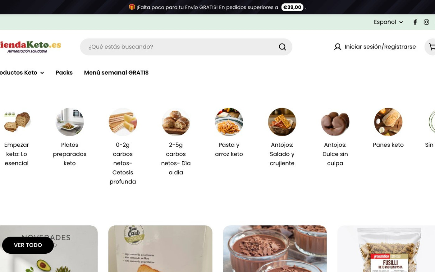 Captura de pantalla de la home de Tienda Keto