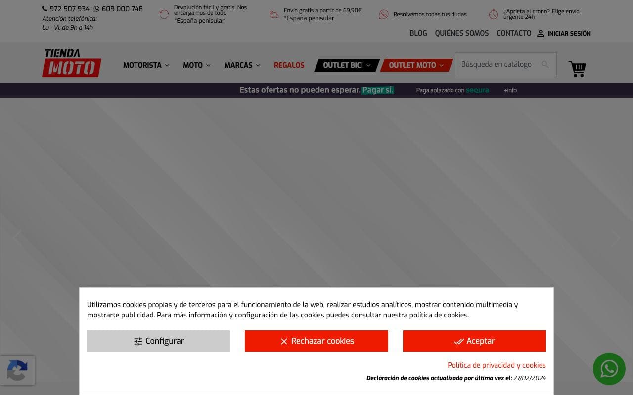 Captura de pantalla de la home de Tienda Moto