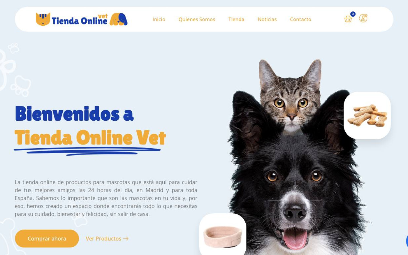 Captura de pantalla de la home de Tienda Online VET