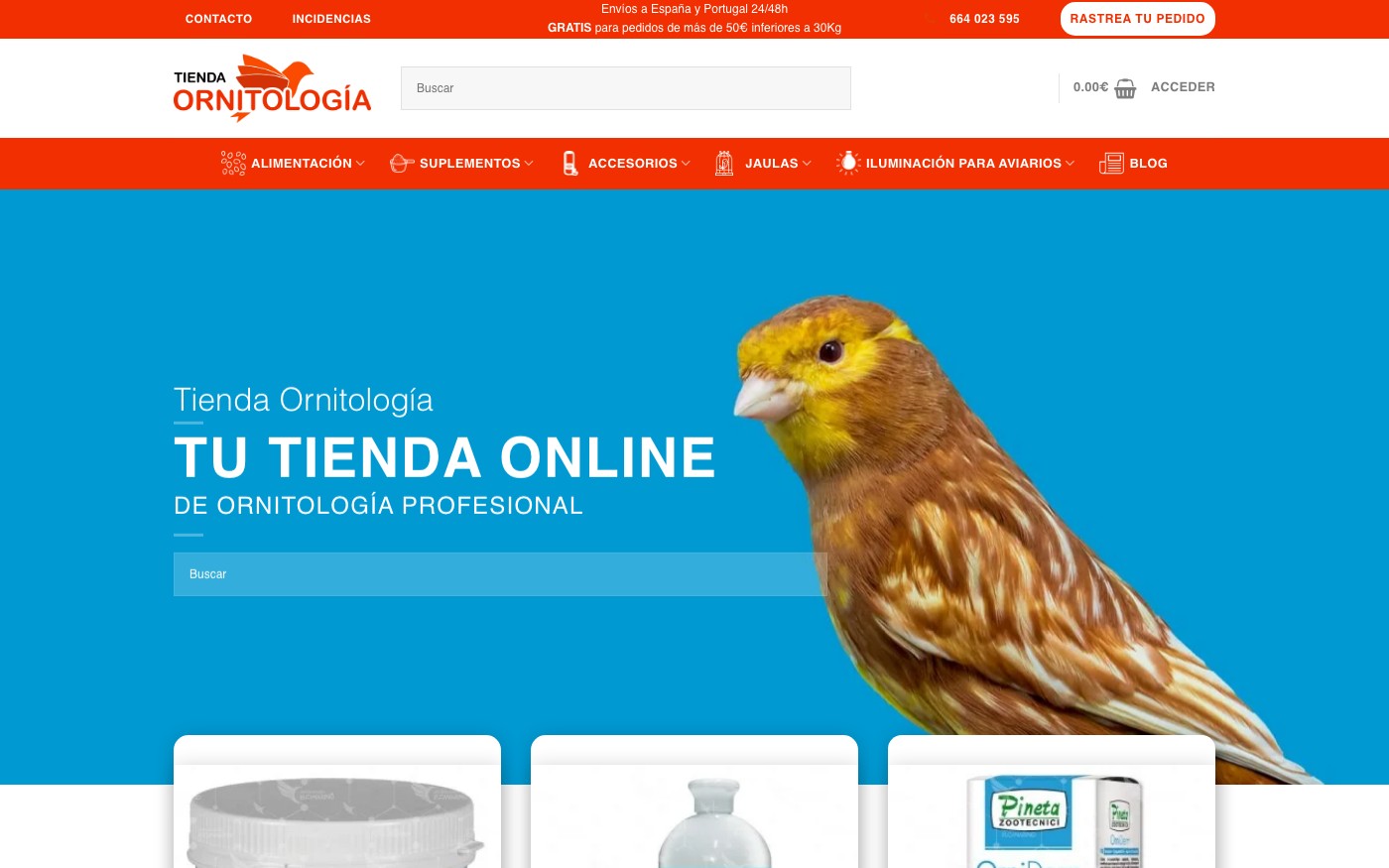 Captura de pantalla de la home de Tienda Ornitología