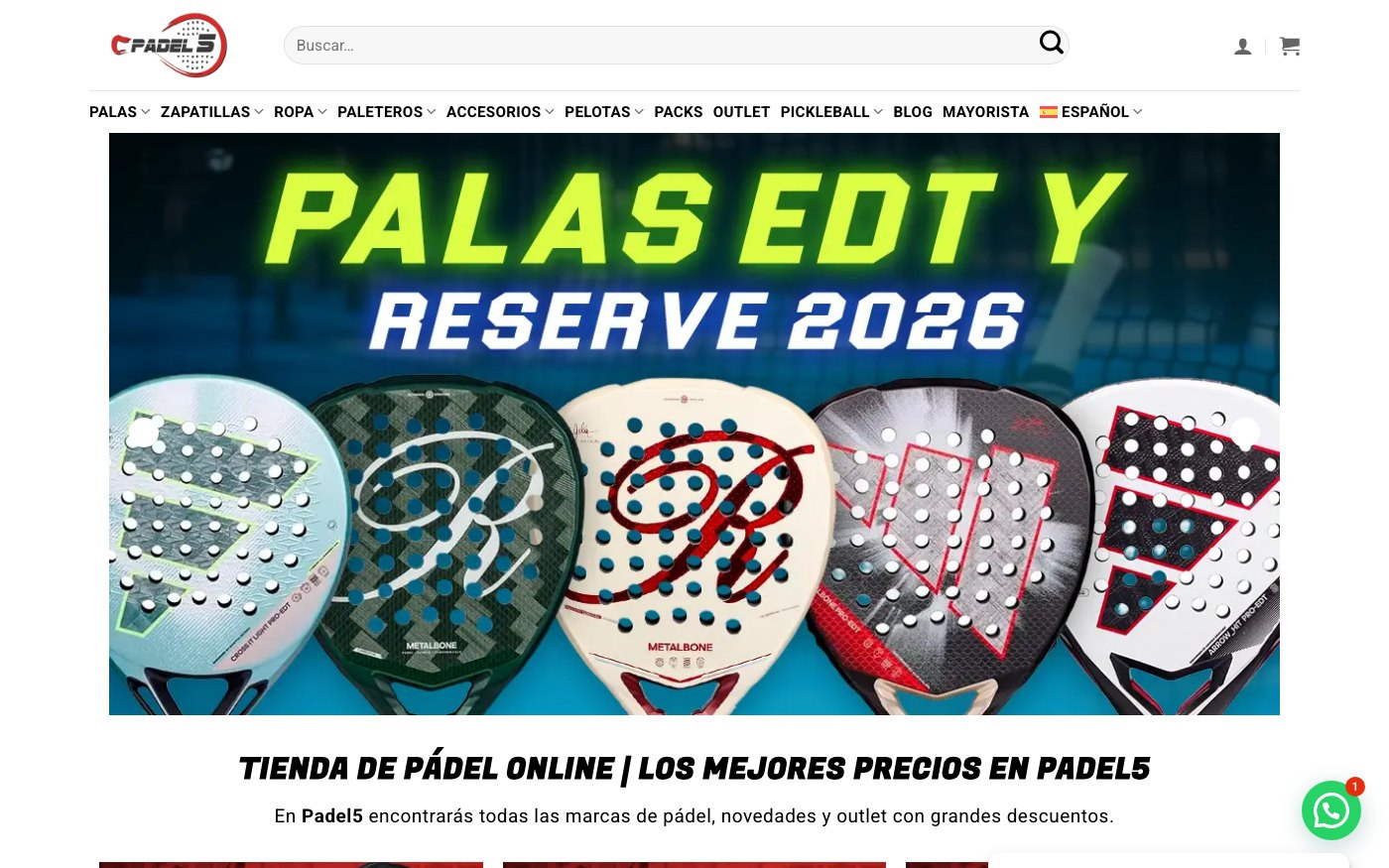 Captura de pantalla de la home de Tienda Padel 5