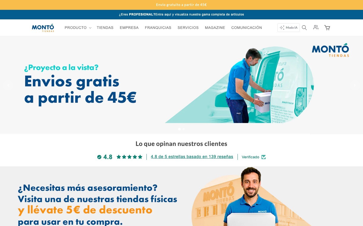 Captura de pantalla de la home de Tiendas Montó