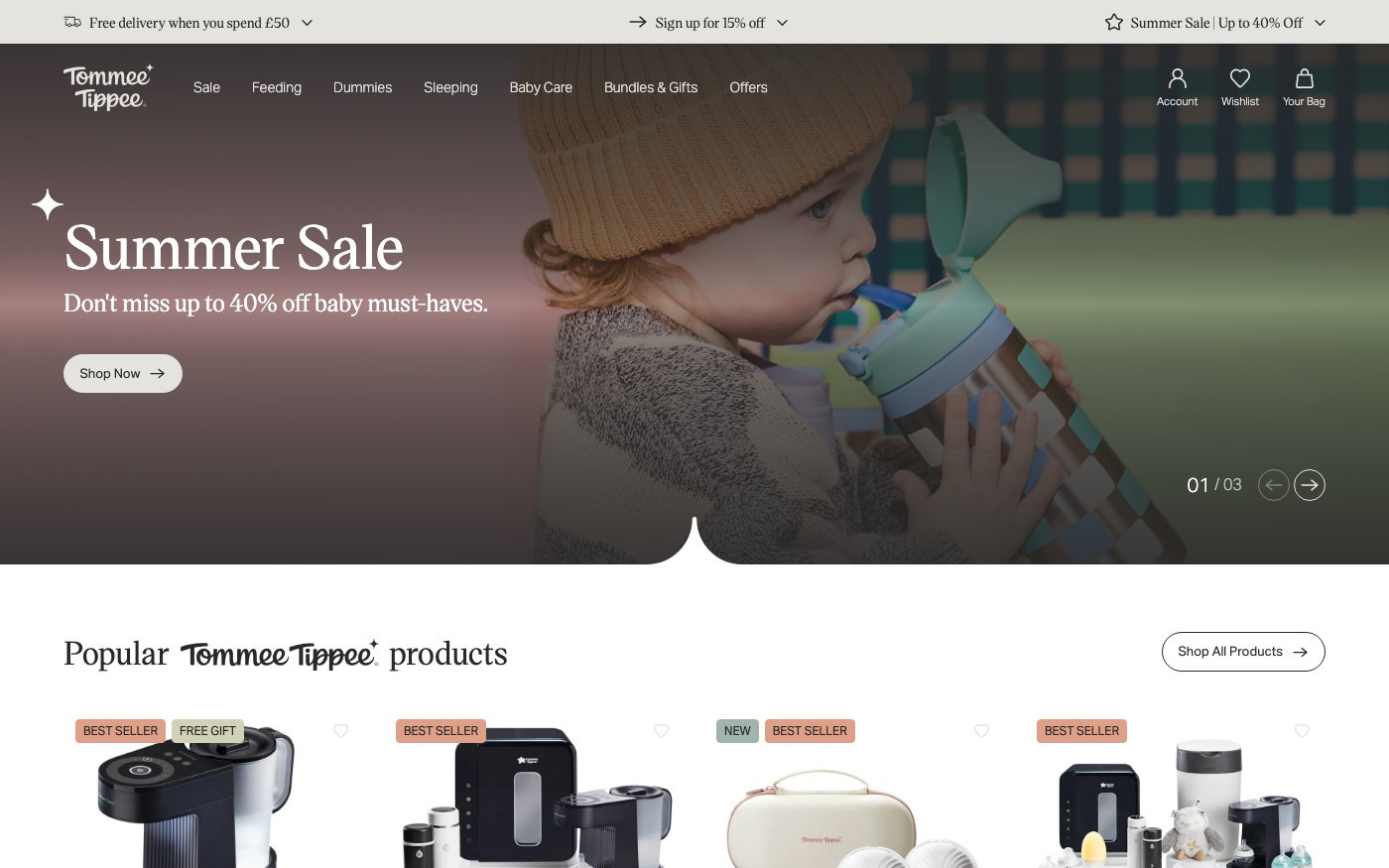 Captura de pantalla de la home de Tommee Tippee