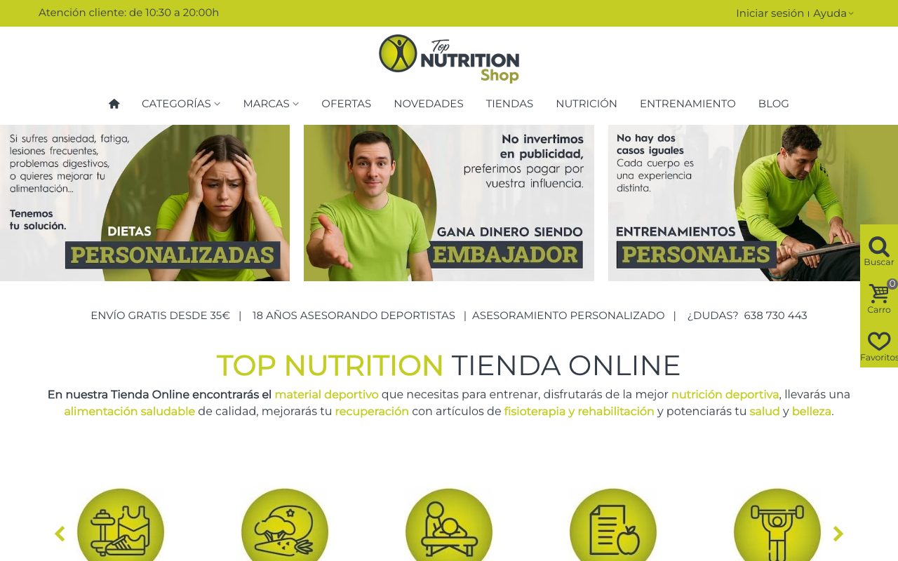 Captura de pantalla de la home de TopNutrition.es