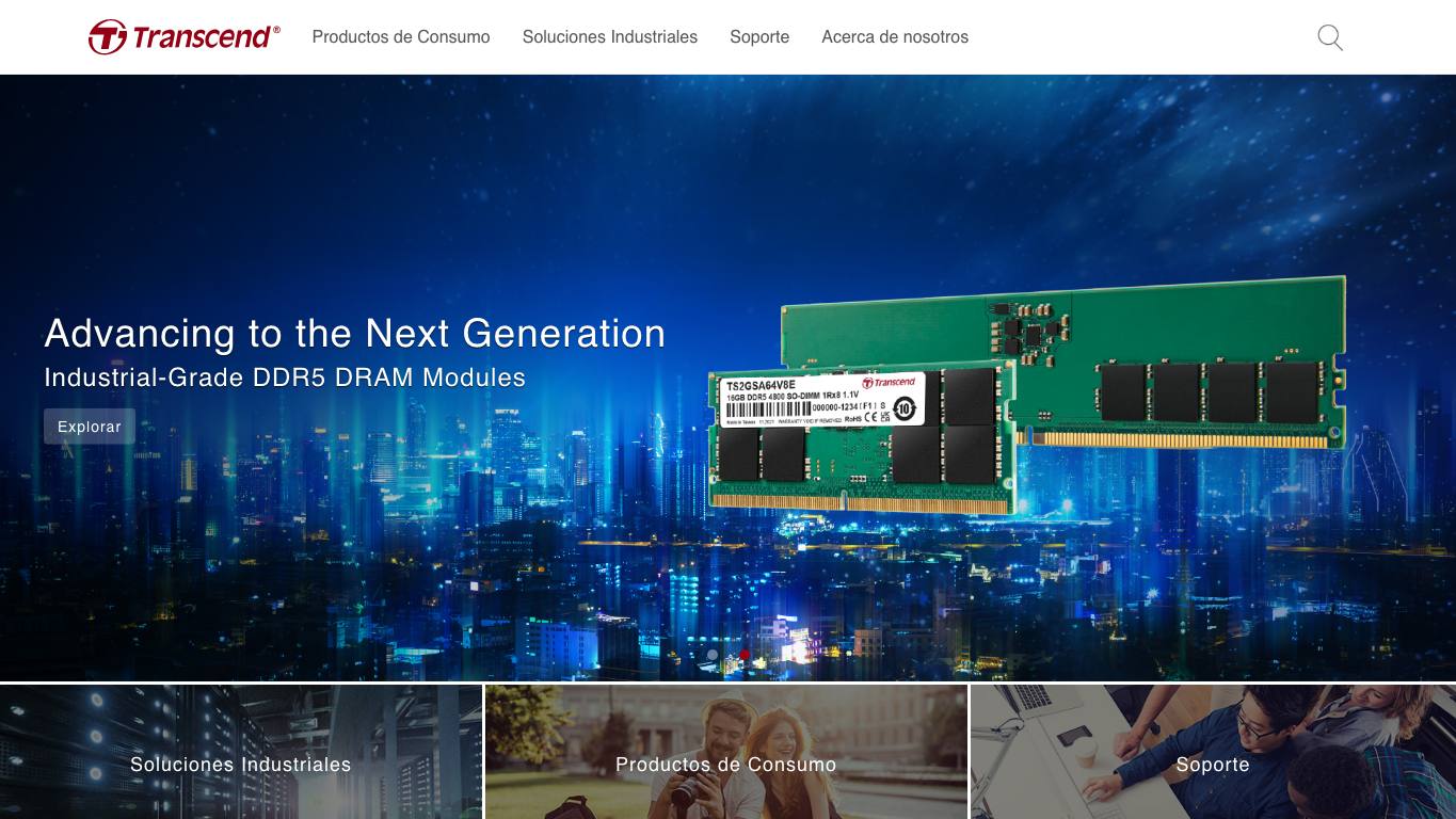 Captura limpia de la home oficial de Transcend