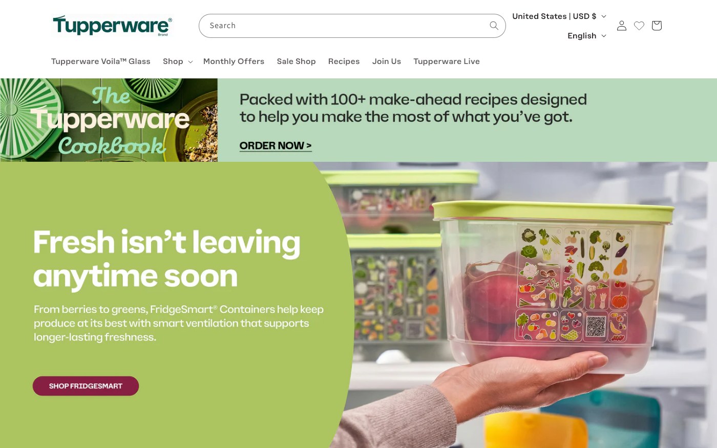 Captura limpia de la home oficial de Tupperware