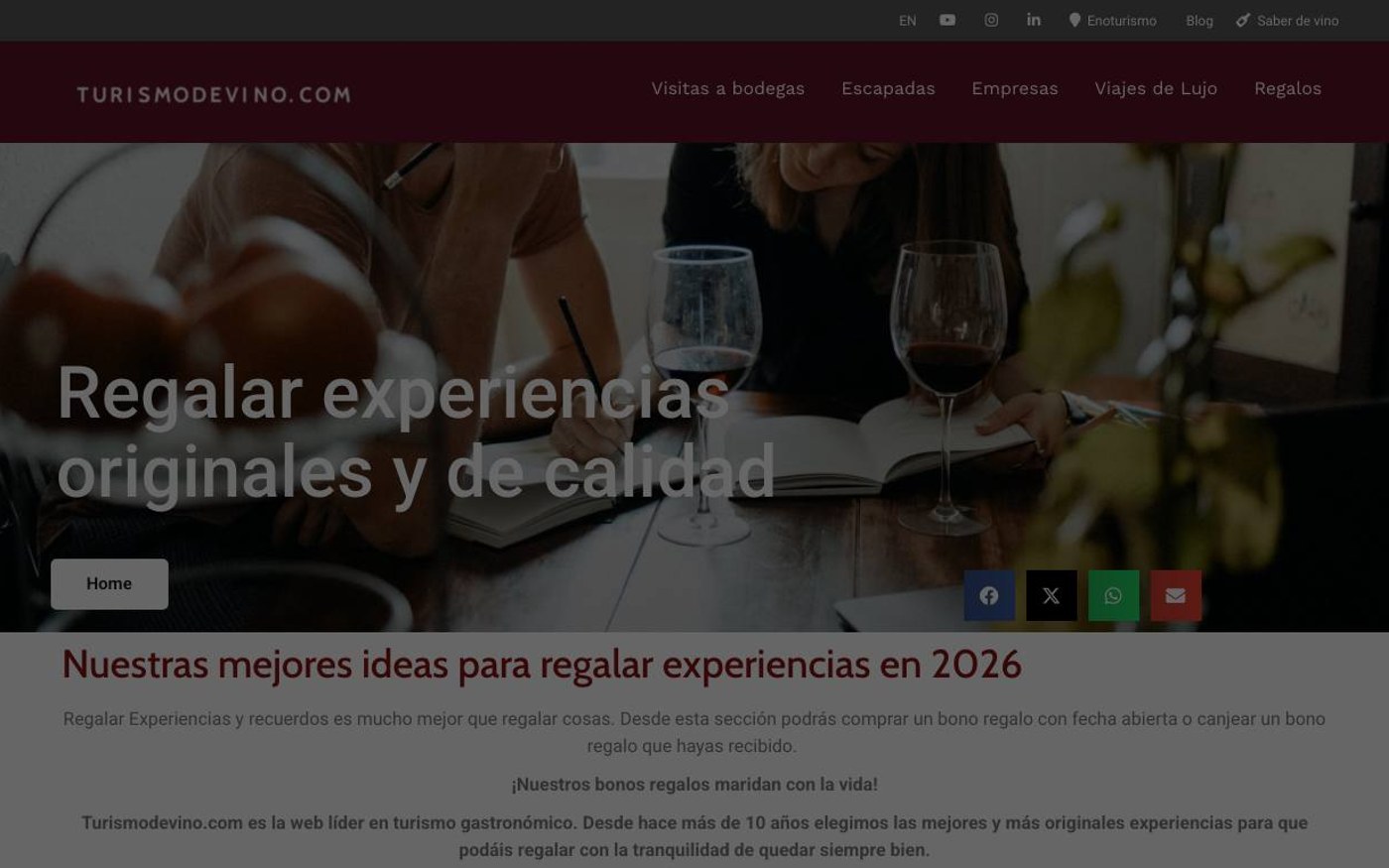 Captura de pantalla de la home de Turismo de Vino