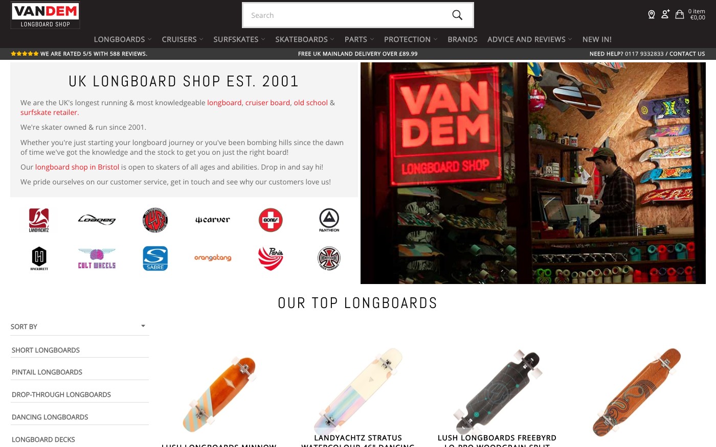 Captura limpia de la home oficial de Vandem Longboard Shop
