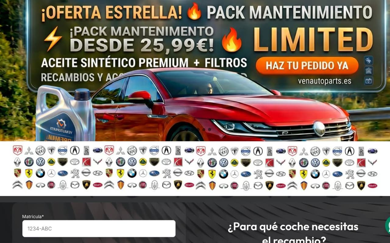 Captura de pantalla de la home de Venu Auto Parts