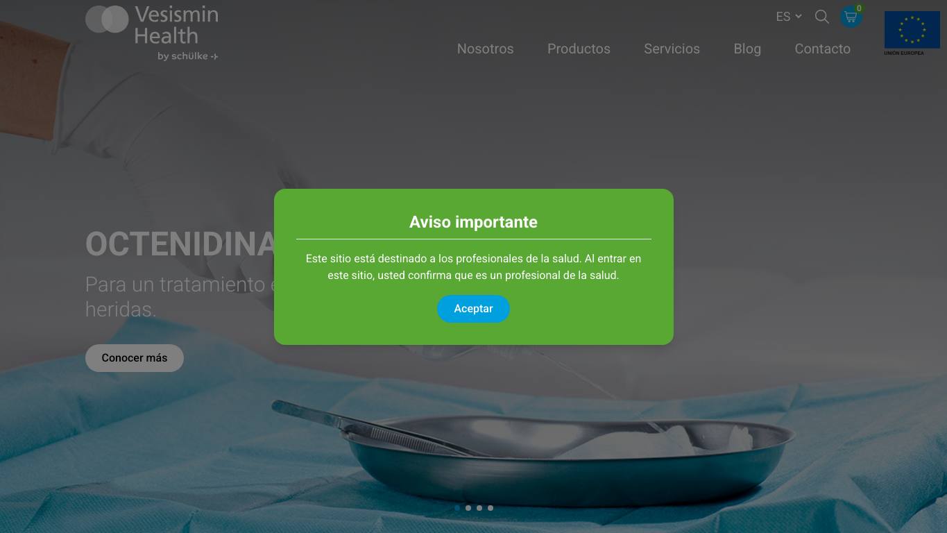 Captura de pantalla de la home de Vesismin Health