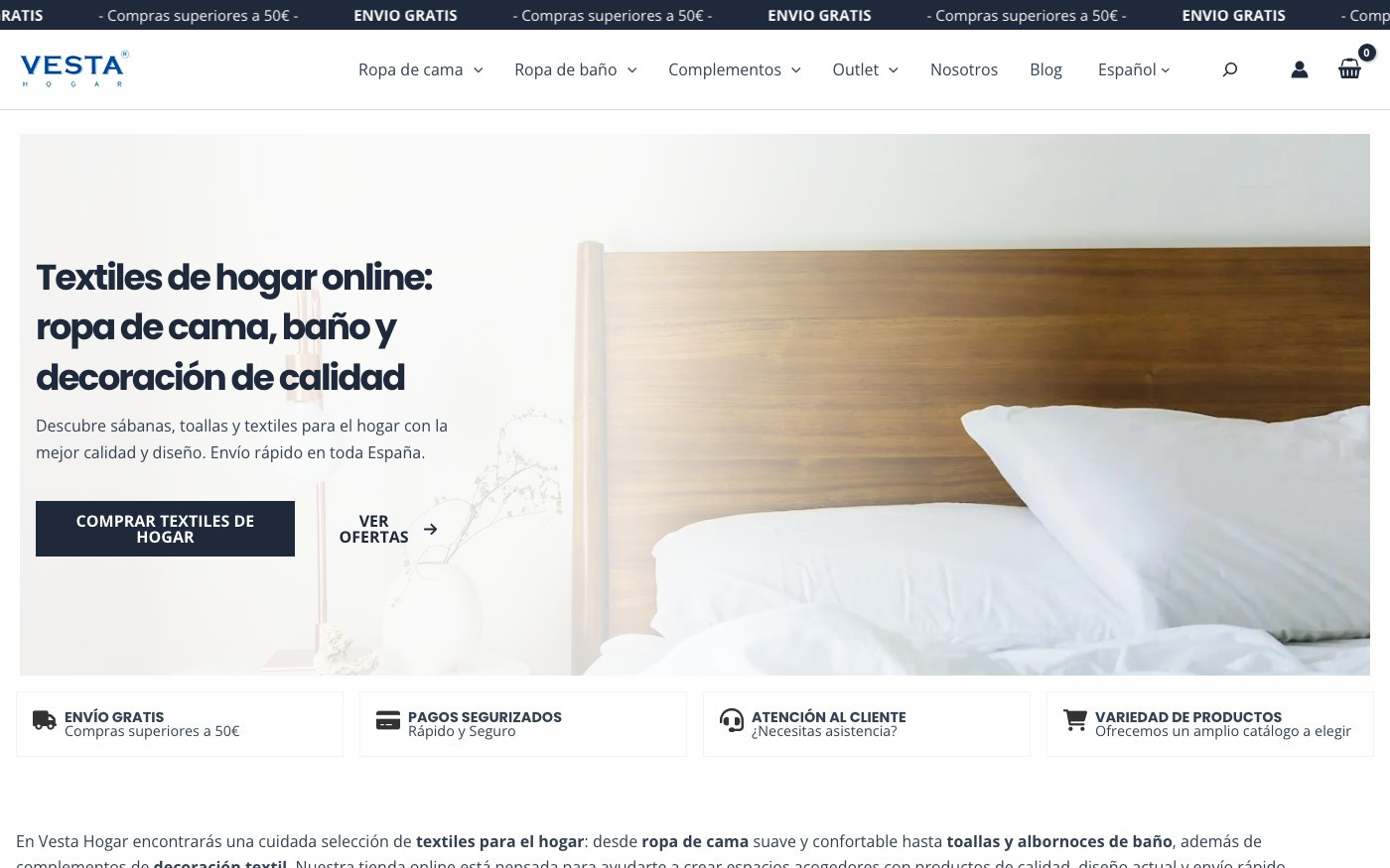 Captura de pantalla de la home de Vesta Hogar