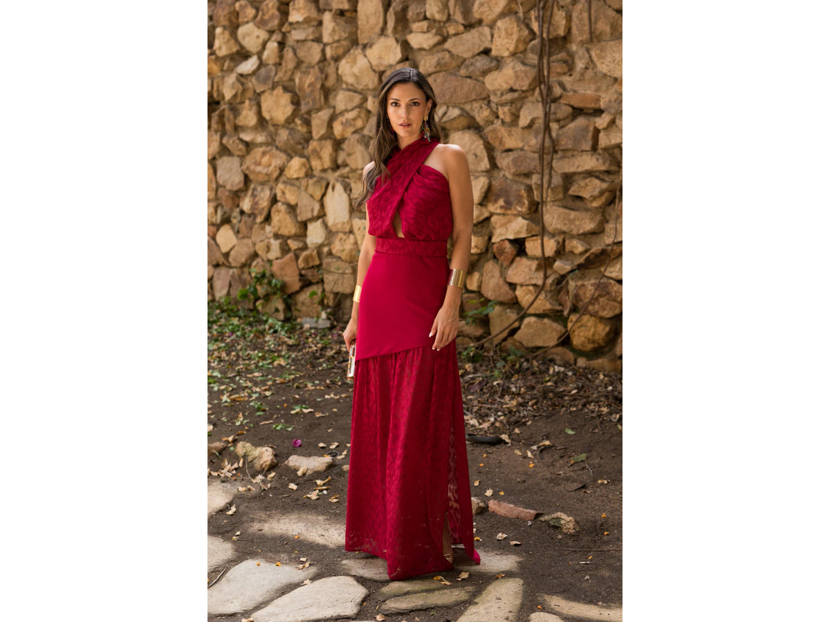 Vestido largo halter doble falda cereza