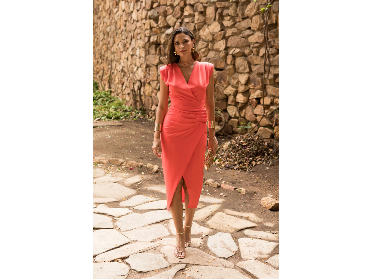 Vestido midi tulipán hombrera coral